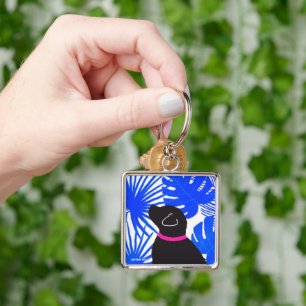 Blue White Tropical Island Black Dog Keychain