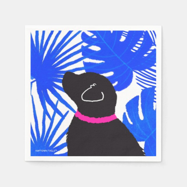 Blue White Tropical Island Black Dog Party Napkin (Front)