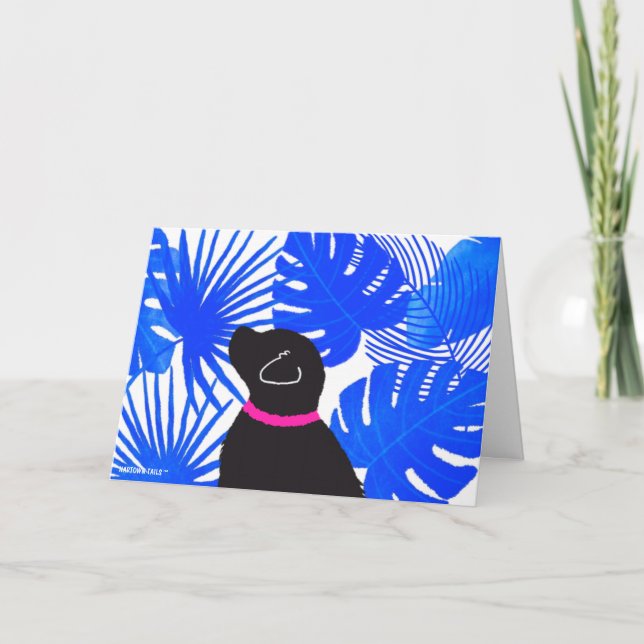 Blue White Tropical Island Yellow Dog Card (Front)