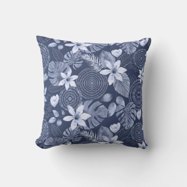 Blue & White Tropical Leaves and Flowers Outdoor Pillow (Front)