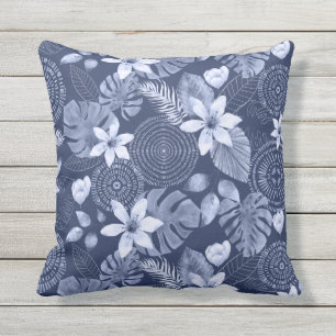 Blue & White Tropical Leaves and Flowers Outdoor Pillow