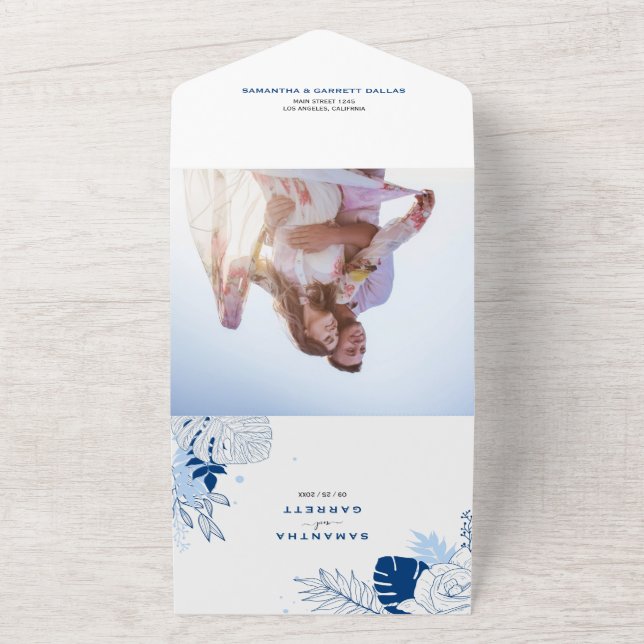 Blue & White Tropical Leaves Wedding All In One Invitation (Outside)