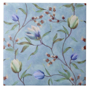 Blue & White Tulips Anemones Pattern  Tile