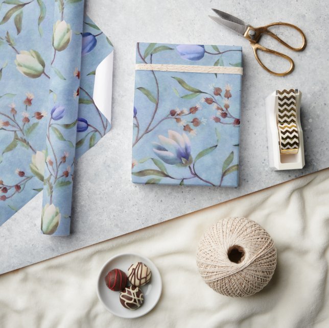 Blue & White Tulips Anemones Pattern   Wrapping Paper (Crafts)