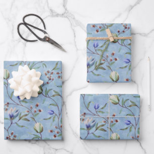 Blue & White Tulips Anemones Pattern Wrapping Paper Sheet