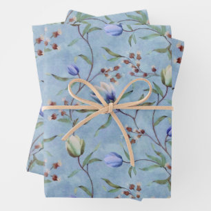 Blue & White Tulips Anemones Pattern  Wrapping Paper Sheet