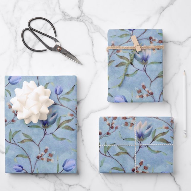 Blue & White Tulips Anemones Pattern  Wrapping Paper Sheet (Front)