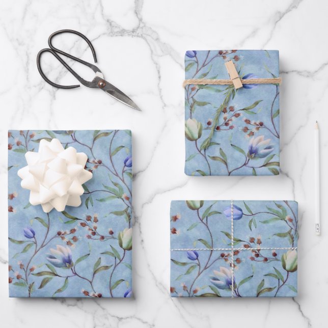 Blue & White Tulips Anemones Pattern Wrapping Paper Sheet (Front)