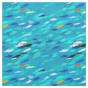 Blue, white, turquoise school of fish fabric