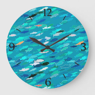 Blue, white, turquoise school of fish large clock