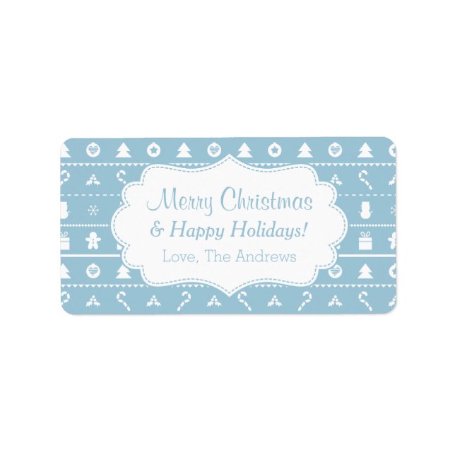 Blue White Ugly Christmas Sweater Icons Pattern Label (Front)