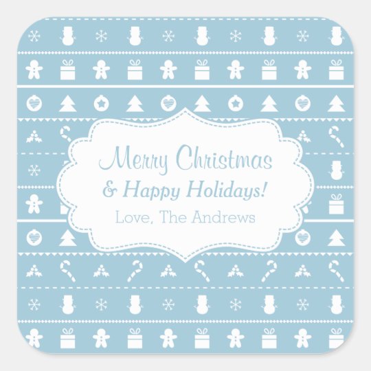 Blue White Ugly Christmas Sweater Icons Pattern Square Sticker