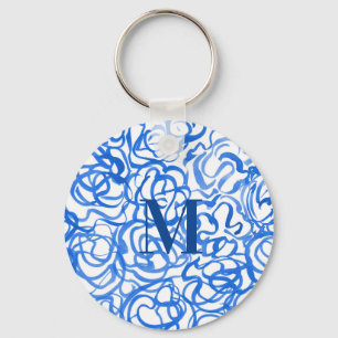 Blue White Unique Watercolor Swirls Keychain