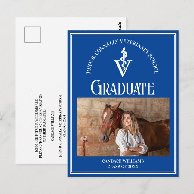 Blue White Veterinary School Photo Graduation Postcard (Front/Back)
