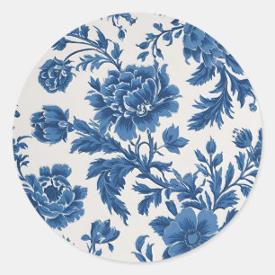 Blue & White Victorian-inspired Floral Print Classic Round Sticker