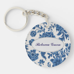 Blue & White Victorian-inspired Floral Print Keychain