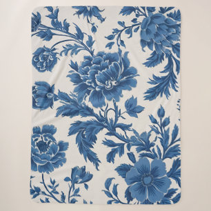 Blue & White Victorian-inspired Floral Print Sherpa Blanket