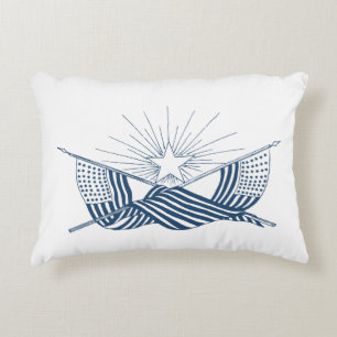 Blue & White Vintage American Flags w/Shining Star Accent Pillow