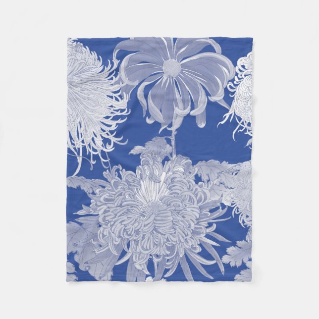 Blue White Vintage Chinoiserie Floral  Fleece Blanket (Front)
