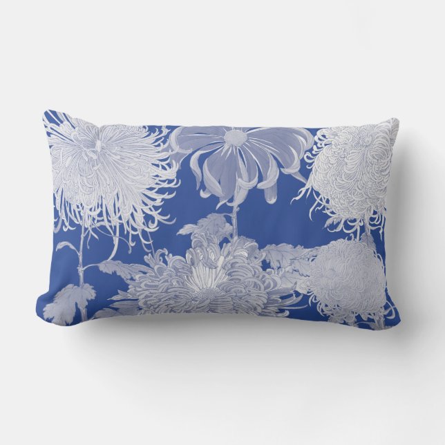 Blue White Vintage Chinoiserie Floral  Lumbar Pillow (Front)