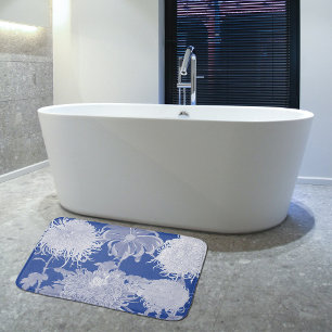 Blue White Vintage Chinoiserie Floral Pattern Bath Mat