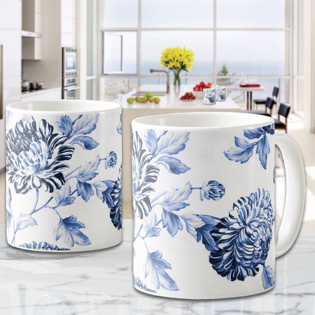 Blue & White Vintage Dahlia Floral  Coffee Mug (Blue & White Vintage Dahlia Floral Coffee Mug)