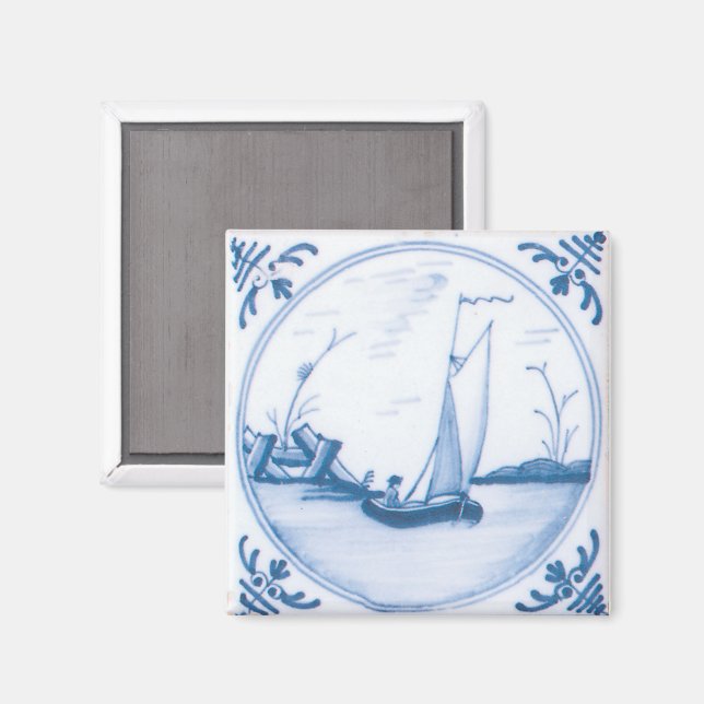 Blue White Vintage Delft Sailboat Art Tile Magnet (Front/Back)