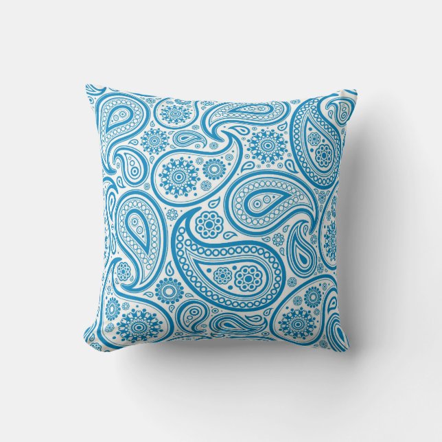 Blue & White Vintage Floral Paisley Throw Pillow (Front)