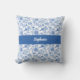 Blue White Vintage Floral Personalized Name Throw Pillow