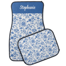 Blue White Vintage Floral Toile Custom Name Car Mat