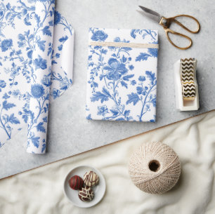 Blue White Vintage Floral Toile Pattern Wrapping Paper