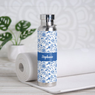 Blue White Vintage Floral Toile Personalized Name Water Bottle
