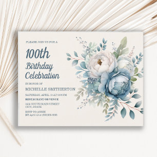 Blue White Vintage Floral Women's 100th Birthday Invitation Postcard