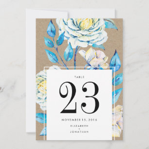 Blue White Vintage Kraft Rose Wedding Table Number