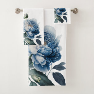 Blue & White Vintage Peony on White Towel Set