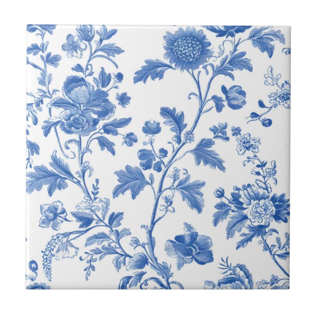 Blue White Vintage Toile Floral Tile (Front)