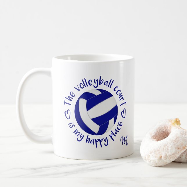 blue white volleyball court is my happy place coffee mug (With Donut)