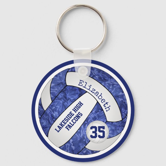 blue white volleyball keychain w school team name (Front)
