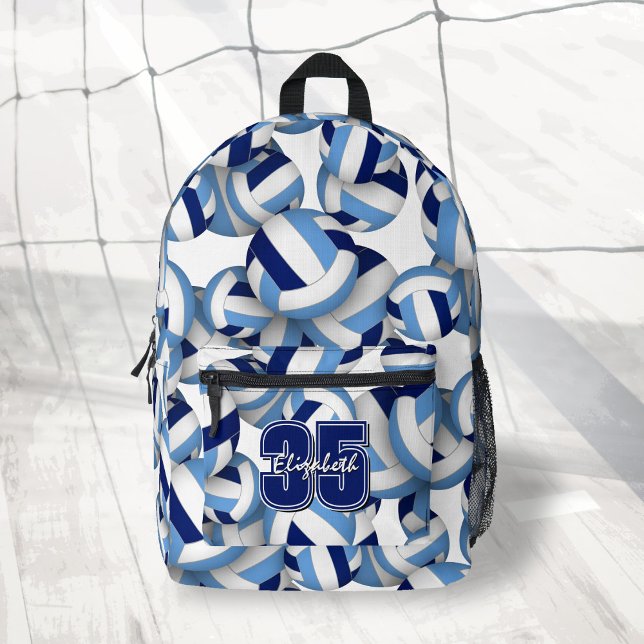 Blue white volleyball pattern w player name number printed backpack (Creator Uploaded)