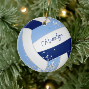 blue white volleyball tiny silver stars accent  ceramic ornament