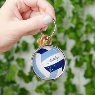 blue white volleyball w tiny silver stars accent  keychain