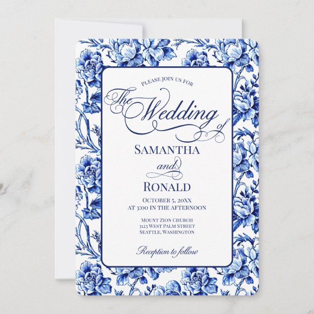 Blue & White w Calligraphy Floral Toile Wedding Invitation (Front)