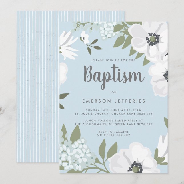  Blue & White Watercolor Anemone Baptism Invitation (Front/Back)