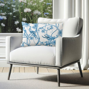 Blue White Watercolor Bird in Tree Floral Vintage Lumbar Pillow