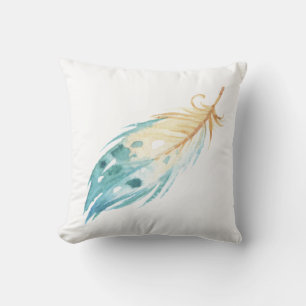Blue & White Watercolor Feather Design Throw Pillow