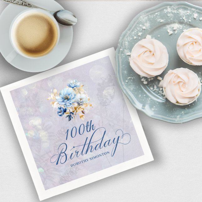 Blue White Watercolor Floral 100th Birthday  Napkin (Creator Uploaded)