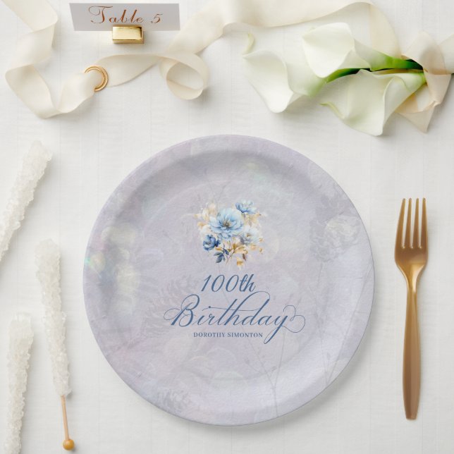 Blue White Watercolor Floral 100th Birthday  Paper Plate (Wedding)