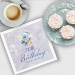 Blue White Watercolor Floral 70th Birthday  Napkin<br><div class="desc">A beautiful bouquet of soft blue and white peonies decorate this birthday party napkin. The birthday description is written in an elegant, traditional calligraphy. The birthday celebrant's name is written in a classic upright font. The background is a soft-bluish grey that contains a barely there botanical pattern and bokeh lights....</div>