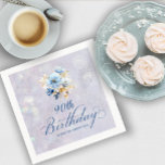 Blue White Watercolor Floral 90th Birthday  Napkin<br><div class="desc">A beautiful bouquet of soft blue and white peonies decorate this birthday party napkin. The birthday description is written in an elegant, traditional calligraphy. The birthday celebrant's name is written in a classic upright font. The background is a soft-bluish grey that contains a barely there botanical pattern and bokeh lights....</div>