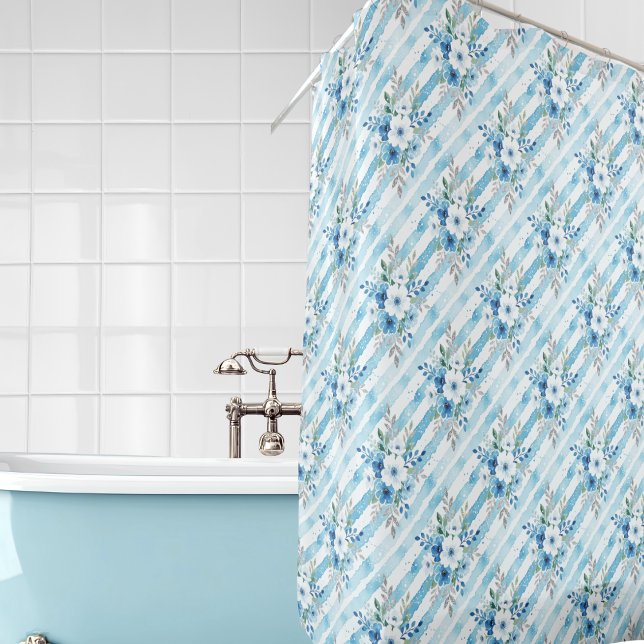 Blue White Watercolor Floral Diagonal Stripe (A shower curtain with blue and white floral and stripe pattern in a coastal watercolor style)